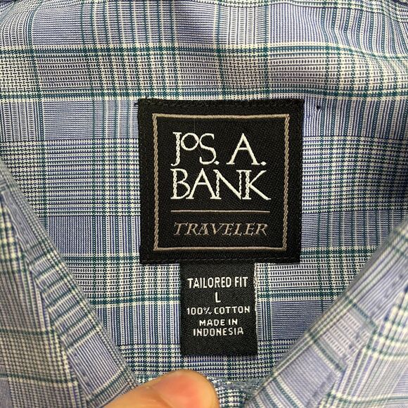 Jos. A. Bank Traveller Tailored Fit Dress Shirt Men Large Blue Plaid Cotton Work - Picture 4 of 11
